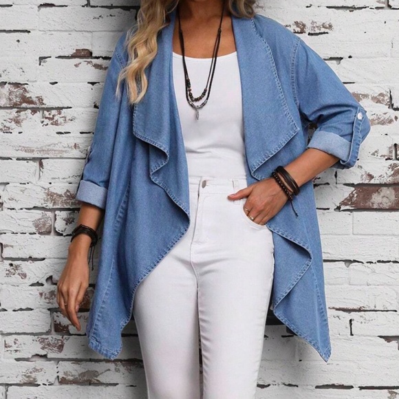 Cozy Light Wash Denim Jean Waterfall Open Front Jacket Shacket - Picture 4 of 7